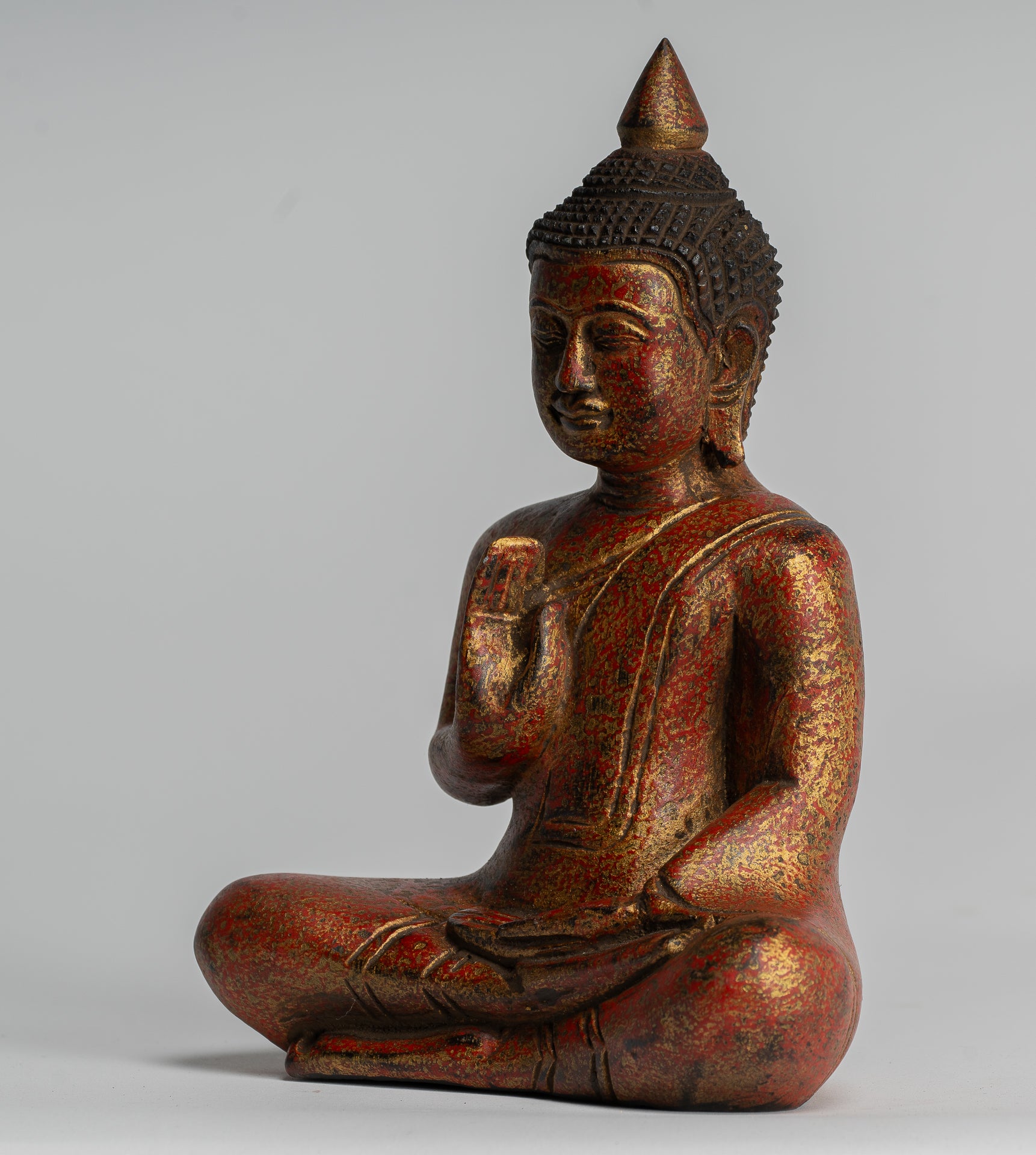 Buddha Statue - Antique Khmer Style Cambodia Seated Wood Buddha Statue Teaching Mudra - 21cm/8"
