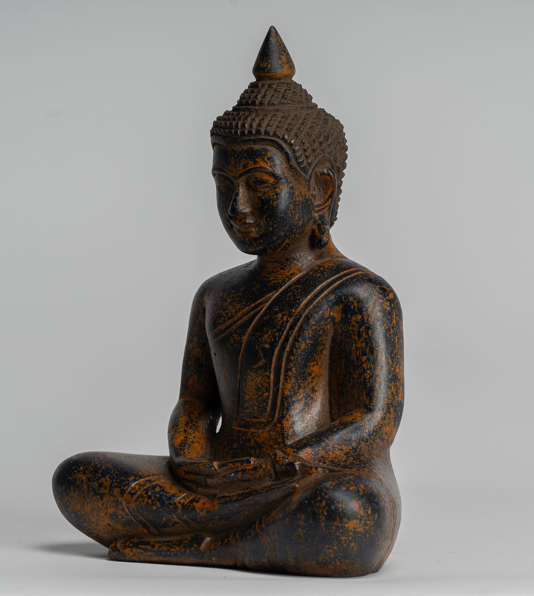 Buddha Sculpture - Antique Khmer Style Wood Seated Buddha Statue Dhyana Meditation Mudra - 20cm/8"