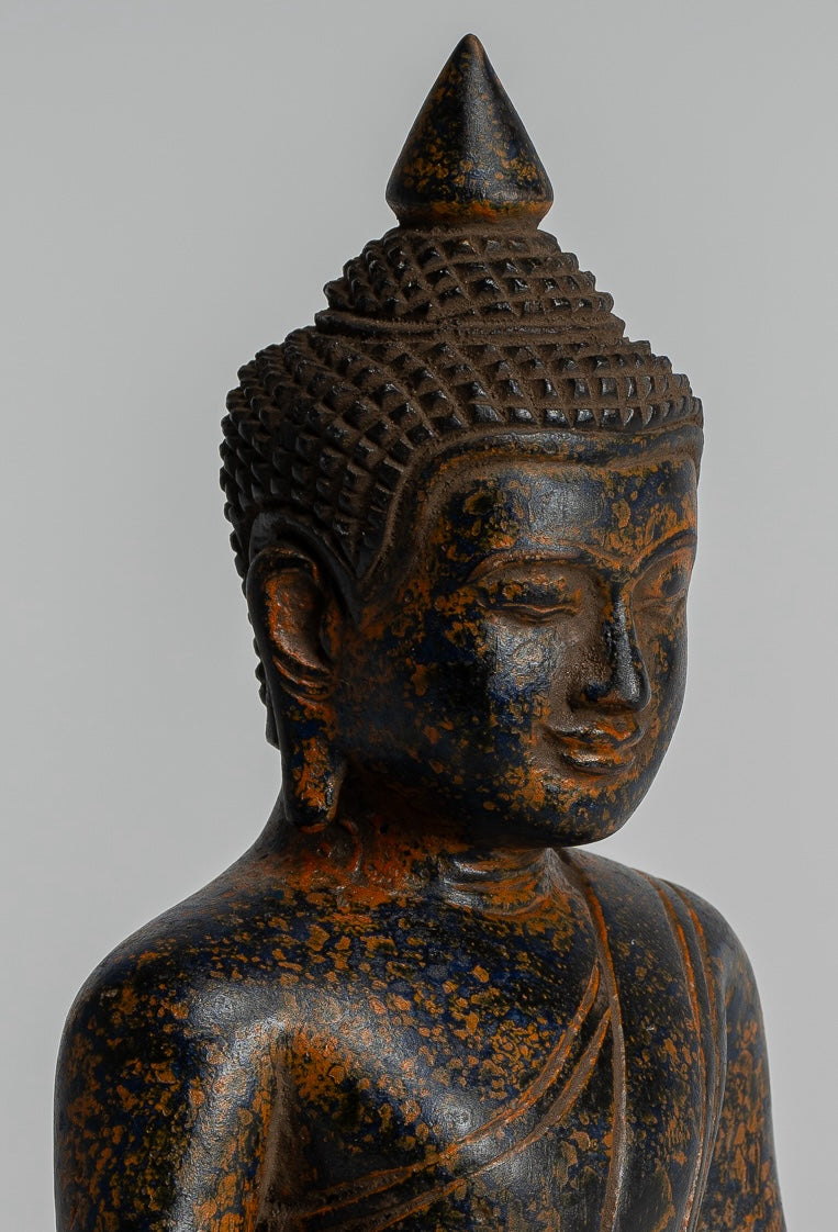 Buddha Sculpture - Antique Khmer Style Wood Seated Buddha Statue Dhyana Meditation Mudra - 20cm/8"