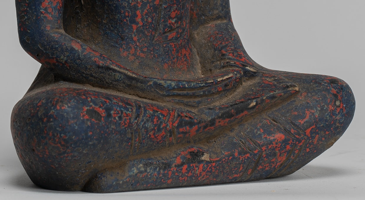 Buddha Sculpture - Antique Khmer Style Wood Seated Buddha Statue Dhyana Meditation Mudra - 20cm/8"
