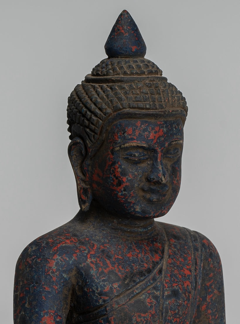 Buddha Sculpture - Antique Khmer Style Wood Seated Buddha Statue Dhyana Meditation Mudra - 20cm/8"
