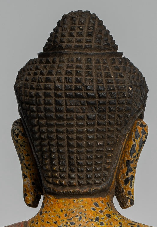 Buddha Statue - Antique Khmer Style SE Asia Seated Wood Enlightenment Buddha Statue - 19cm/8"