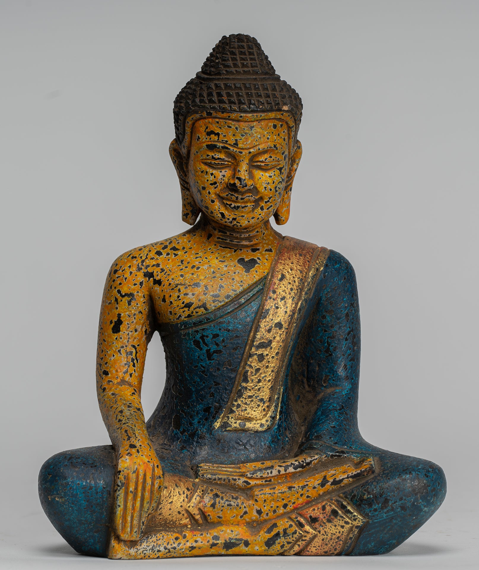 Buddha Statue - Antique Khmer Style SE Asia Seated Wood Enlightenment Buddha Statue - 19cm/8"