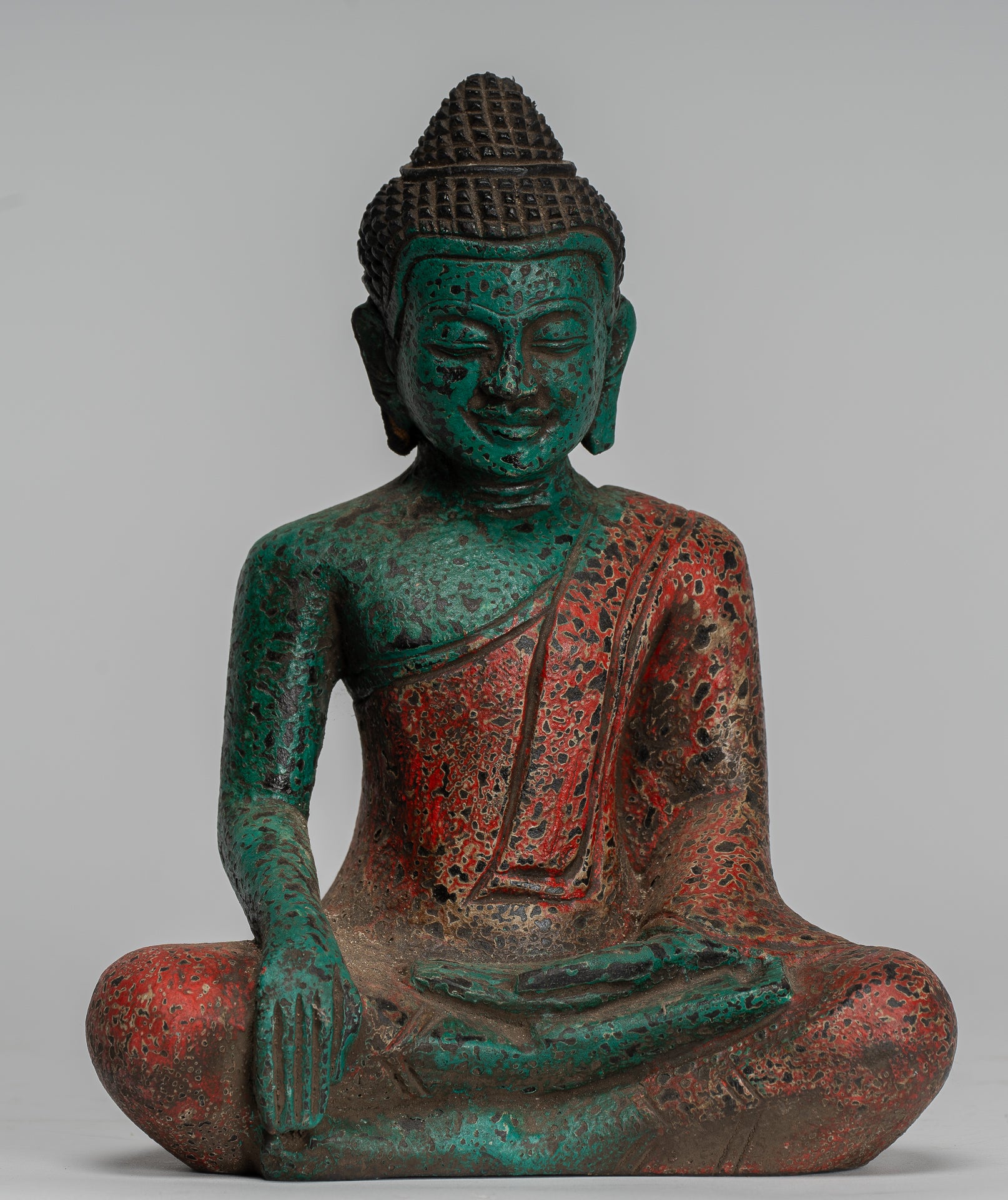 Buddha Statue - Antique Khmer Style SE Asia Seated Wood Enlightenment Buddha Statue - 19cm/8"