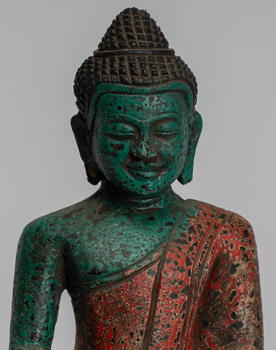 Buddha Statue - Antique Khmer Style SE Asia Seated Wood Enlightenment Buddha Statue - 19cm/8"