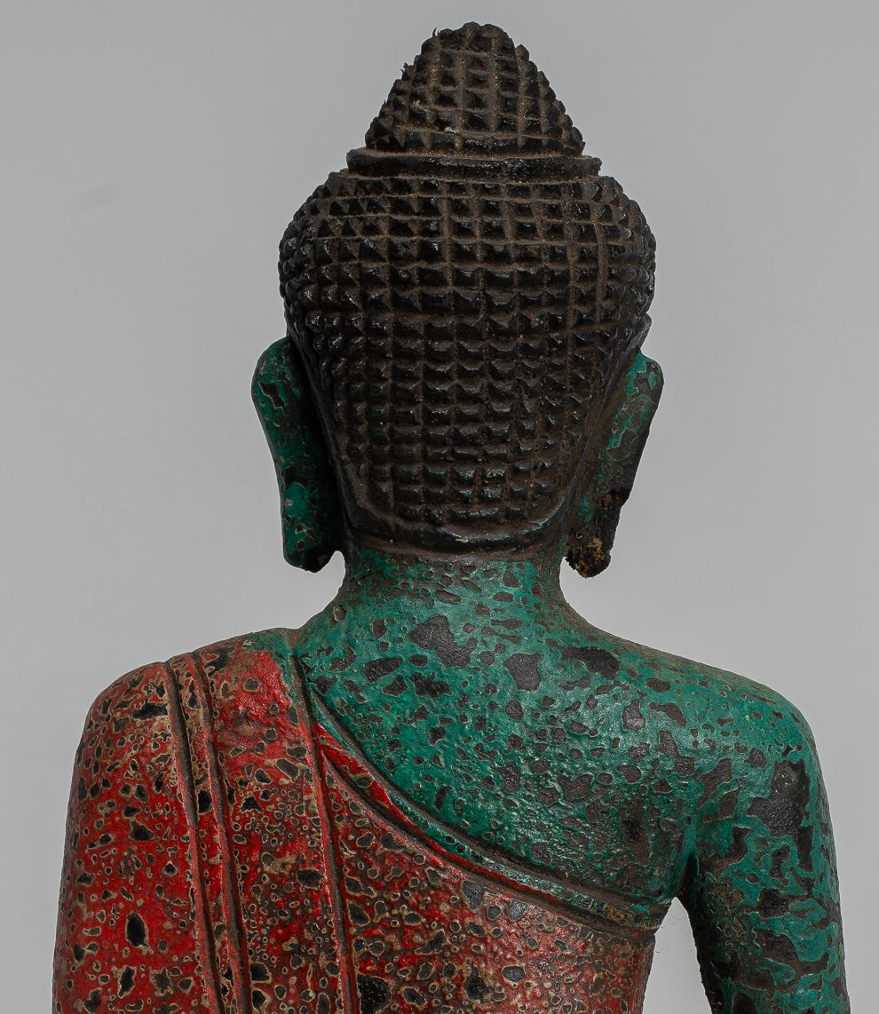Buddha Statue - Antique Khmer Style SE Asia Seated Wood Enlightenment Buddha Statue - 19cm/8"