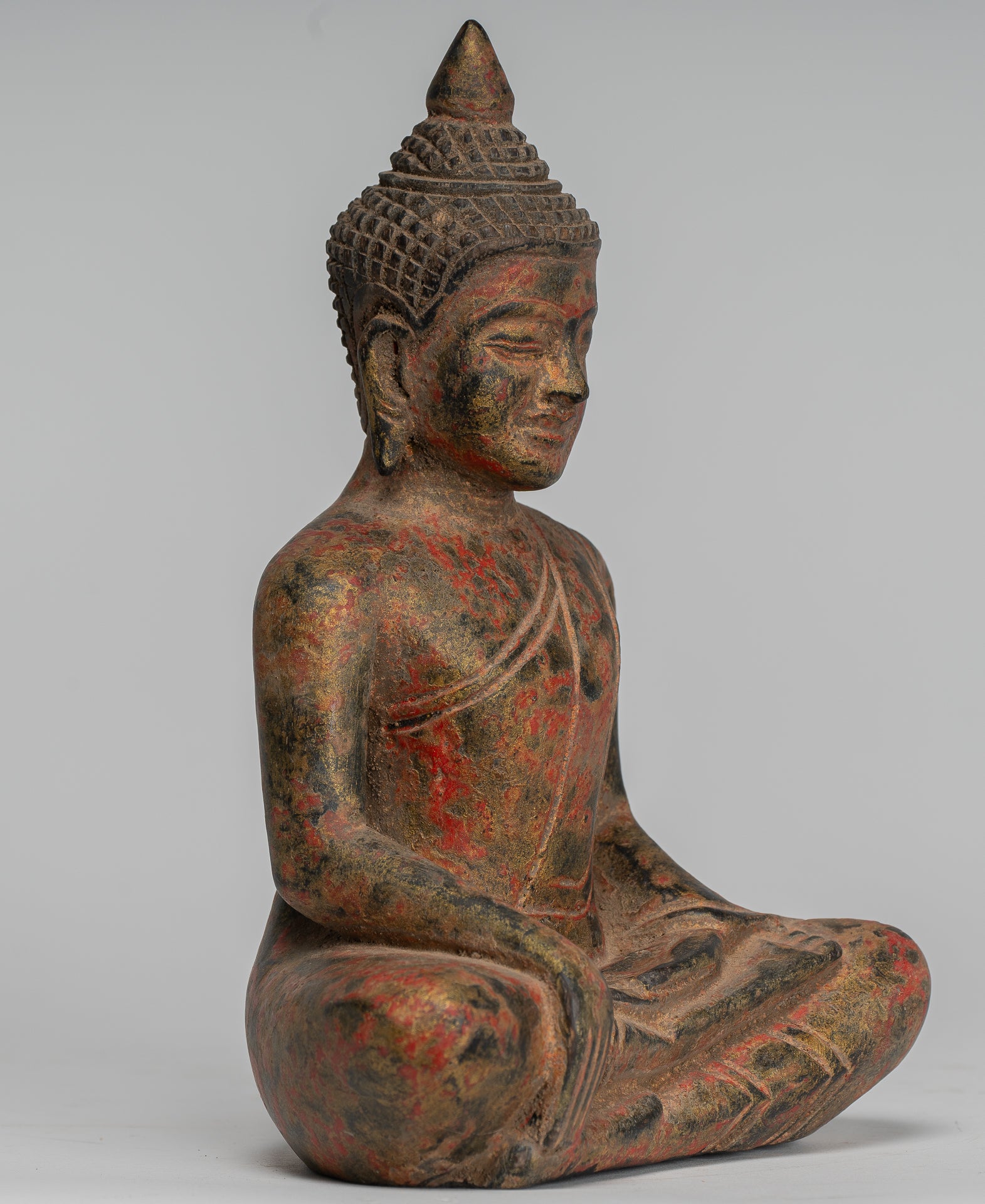 Buddha Statue - Antique Khmer Style SE Asia Seated Wood Enlightenment Buddha Statue - 19cm/8"
