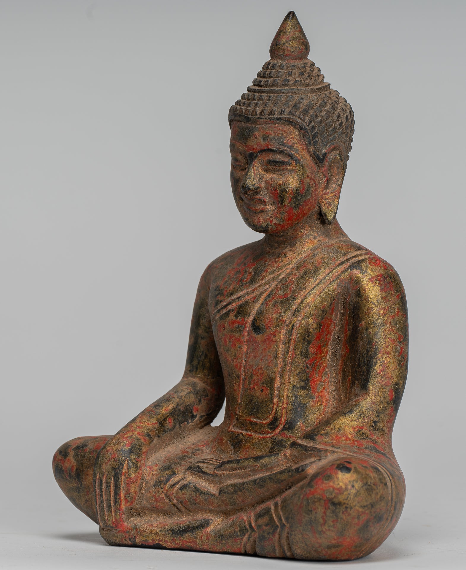 Buddha Statue - Antique Khmer Style SE Asia Seated Wood Enlightenment Buddha Statue - 19cm/8"