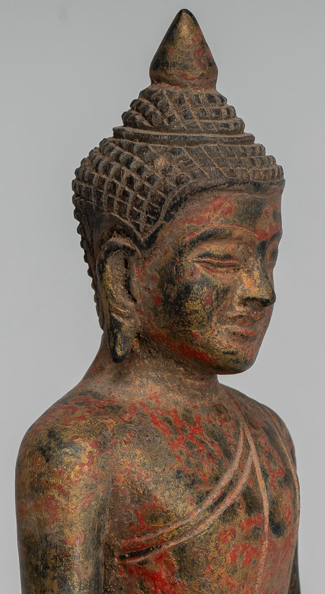 Buddha Statue - Antique Khmer Style SE Asia Seated Wood Enlightenment Buddha Statue - 19cm/8"