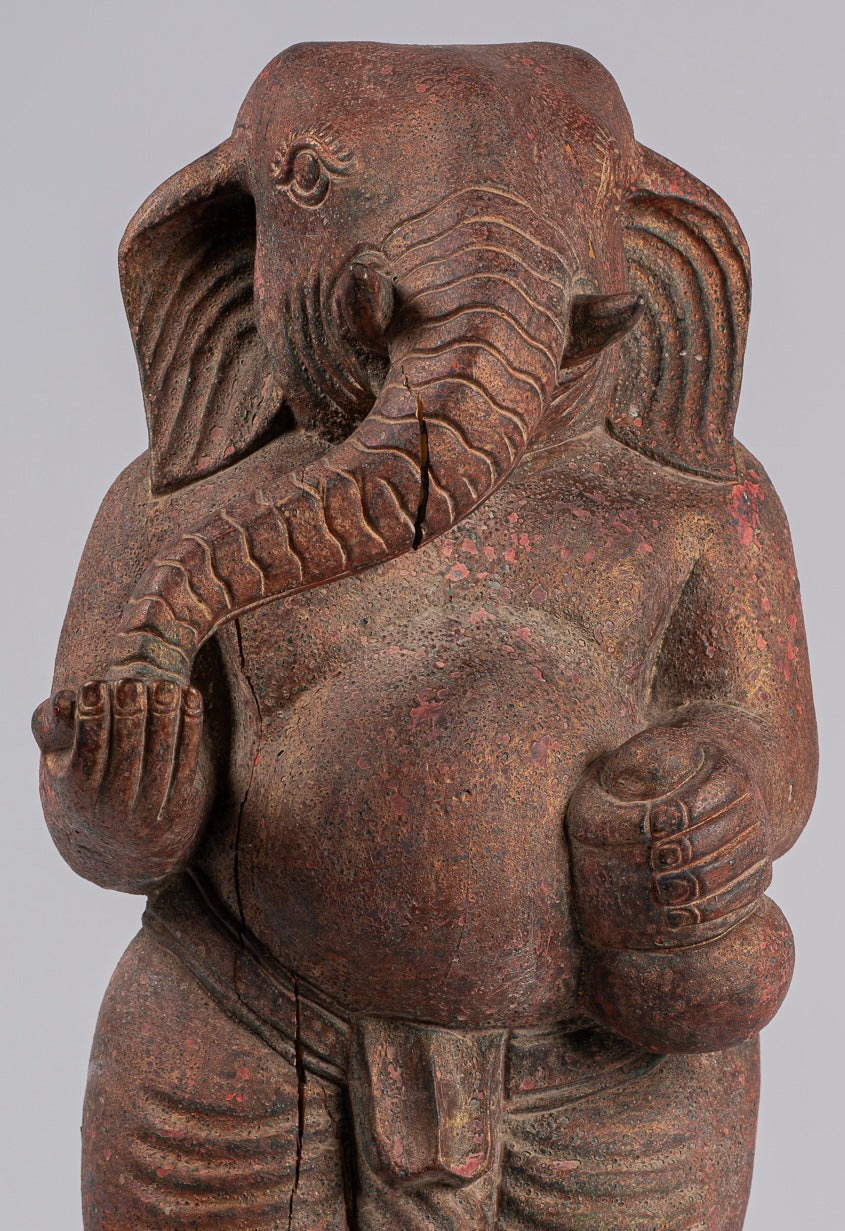 Elephant - Antique Khmer Style Standing Wood Elephant Statue - 53cm/21" Tall