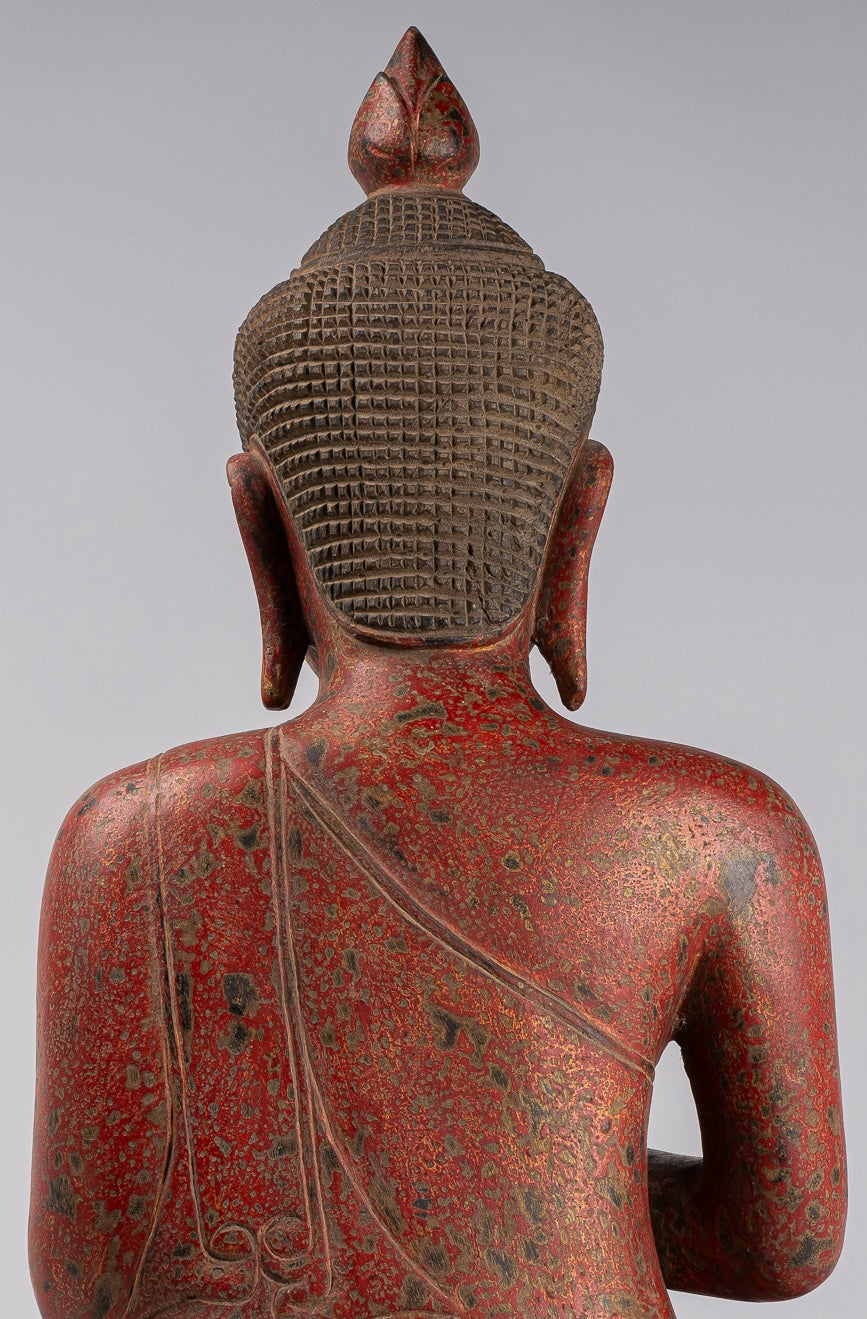 Buddha Statue - Antique Khmer Style Cambodia Seated Wood Buddha Statue Teaching Mudra - 78cm/31"