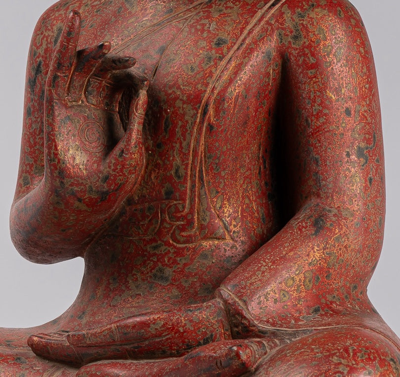 Buddha Statue - Antique Khmer Style Cambodia Seated Wood Buddha Statue Teaching Mudra - 78cm/31"