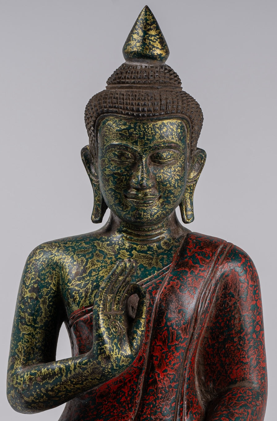 Buddha Sculpture - Buddha - Antique Khmer Style Seated Wood Buddha Statue Teaching Mudra - 39cm/16"