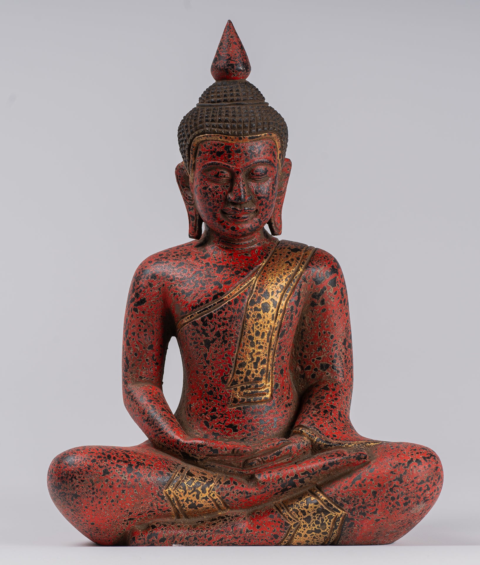 Buddha Sculpture - Antique Khmer Style Wood Seated Buddha Statue Dhyana Meditation Mudra - 34cm/14"