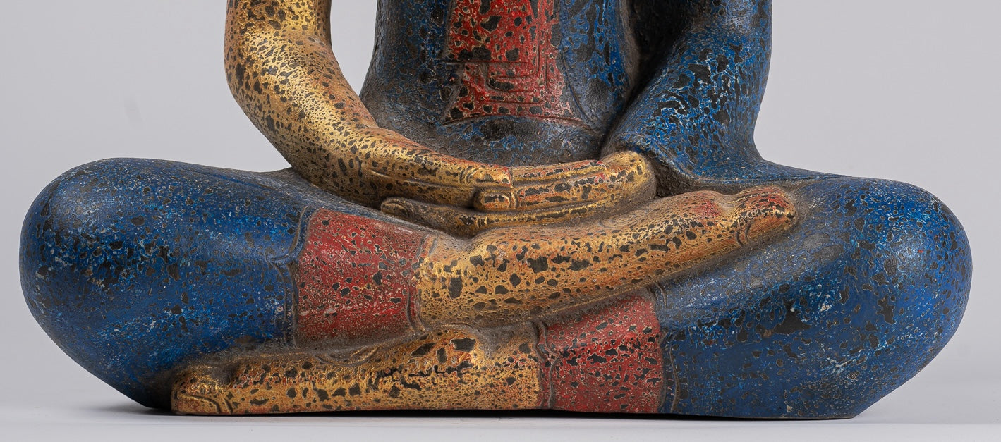 Buddha Sculpture - Antique Khmer Style Wood Seated Buddha Statue Dhyana Meditation Mudra - 55cm/21"