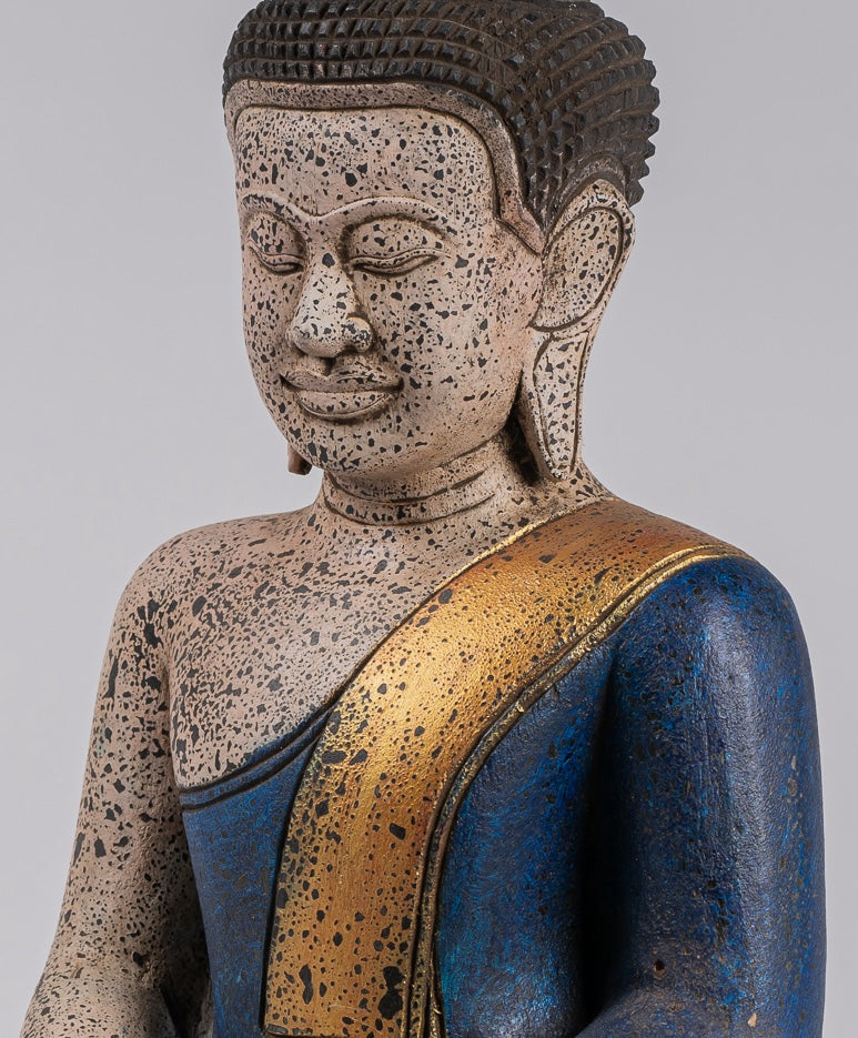 Buddha Statue - Antique Khmer Style SE Asia Seated Wood Meditation Buddha Statue - 47cm/19"