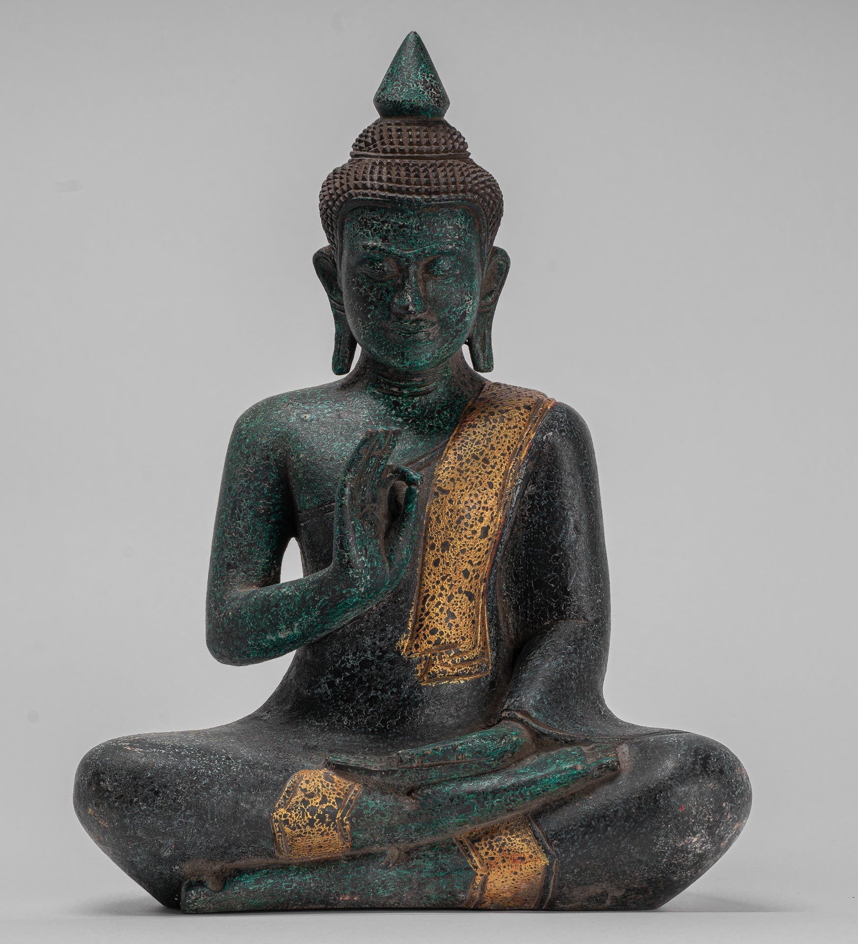 Buddha Sculpture - Buddha - Antique Khmer Style Seated Wood Buddha Statue Teaching Mudra - 40cm/16"