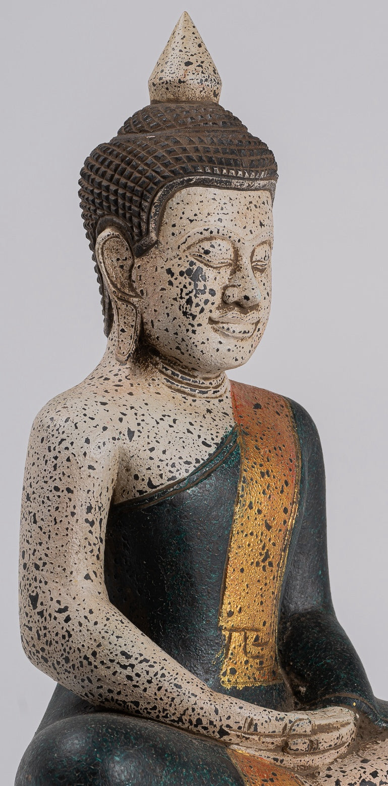 Buddha Sculpture - Antique Khmer Style Wood Seated Buddha Statue Dhyana Meditation Mudra - 40cm/16"