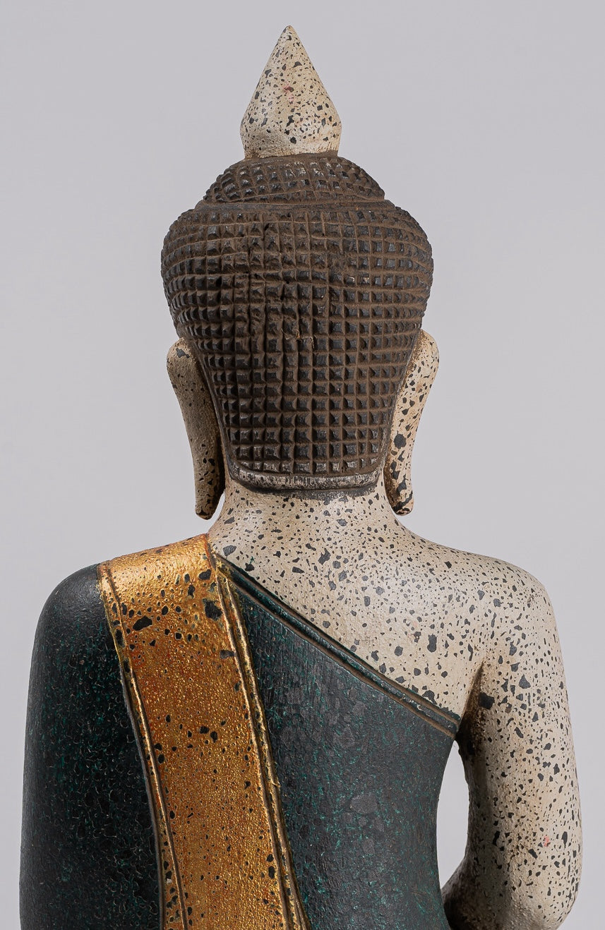 Buddha Sculpture - Antique Khmer Style Wood Seated Buddha Statue Dhyana Meditation Mudra - 40cm/16"