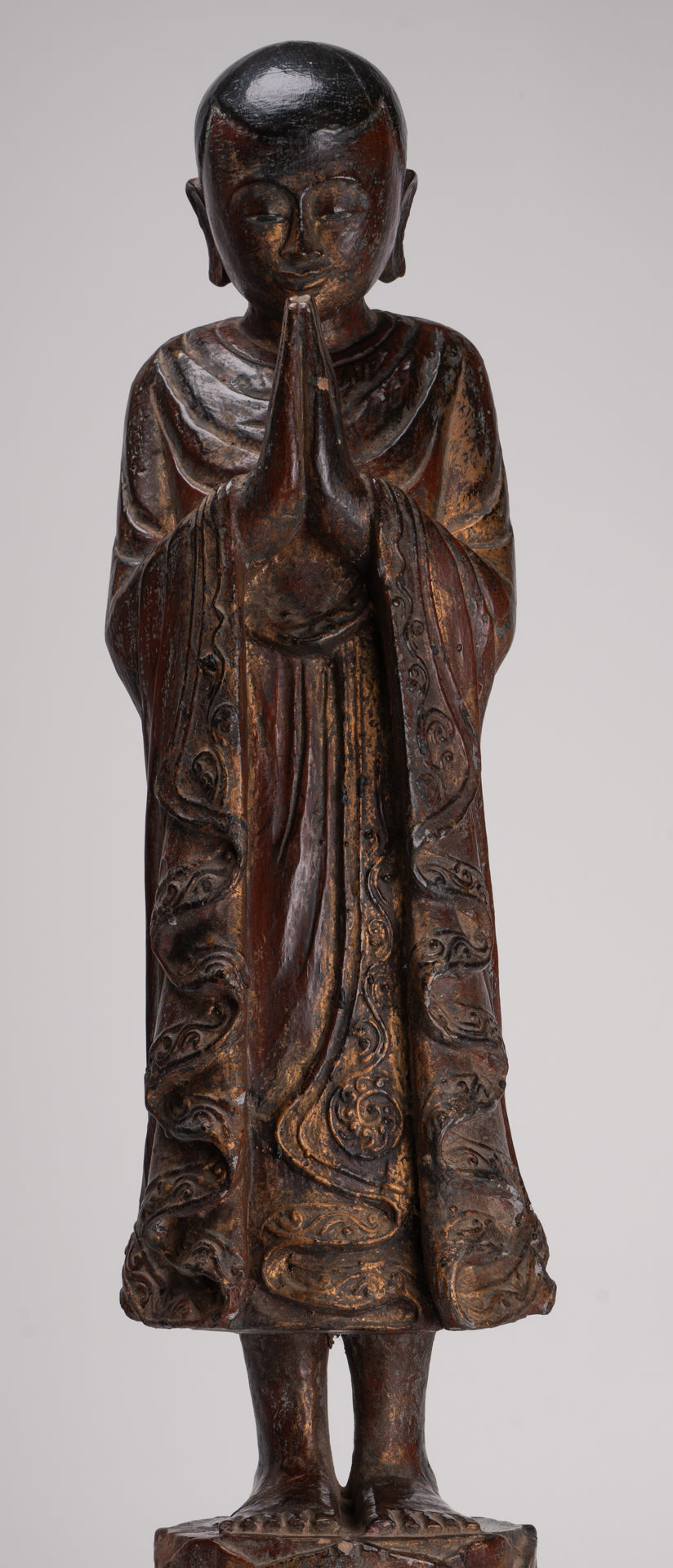 Antique Burmese Style Standing Wood Adoration Mandalay Monk Statue - 76cm/30"