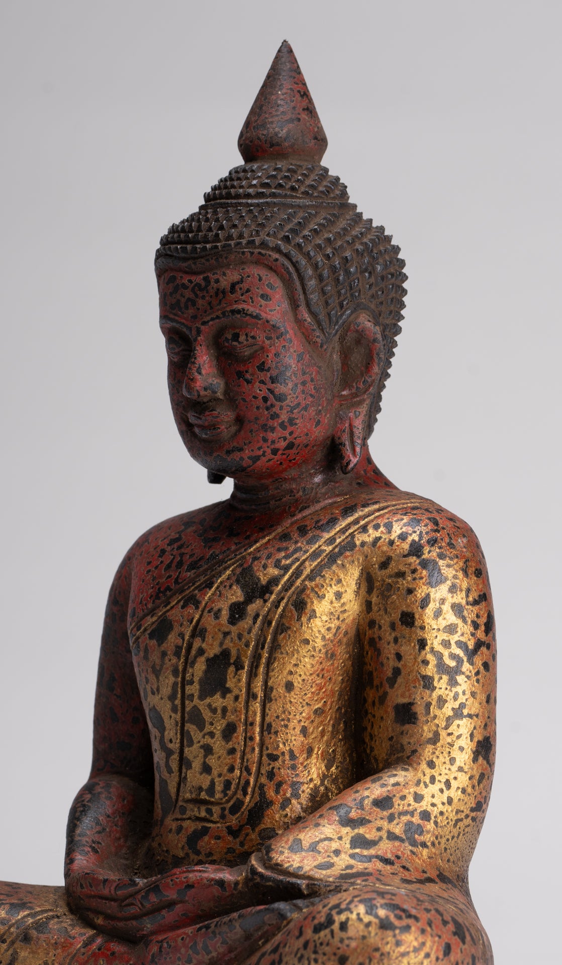 Buddha Sculpture - Antique Khmer Style Wood Seated Buddha Statue Dhyana Meditation Mudra - 27cm/11"