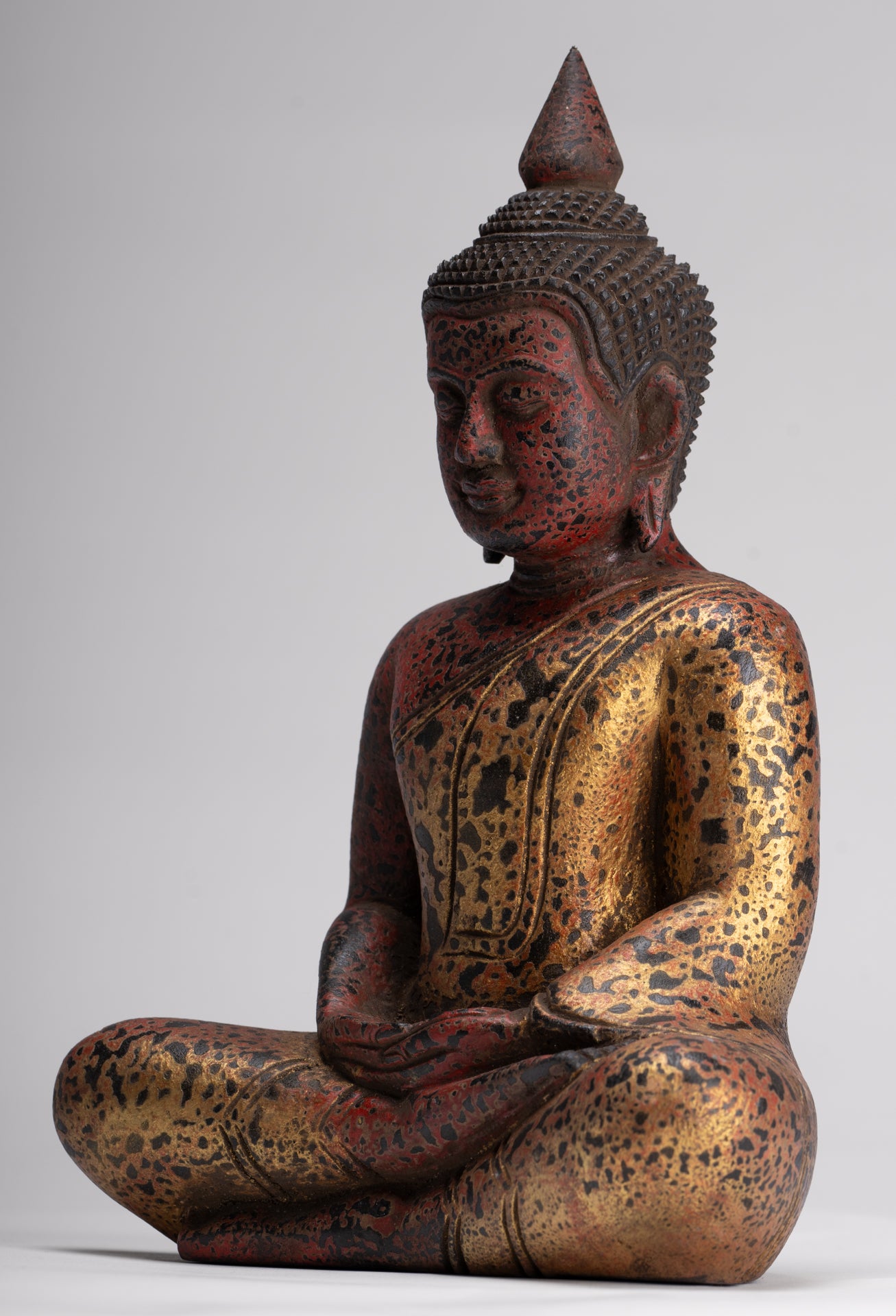 Buddha Sculpture - Antique Khmer Style Wood Seated Buddha Statue Dhyana Meditation Mudra - 27cm/11"