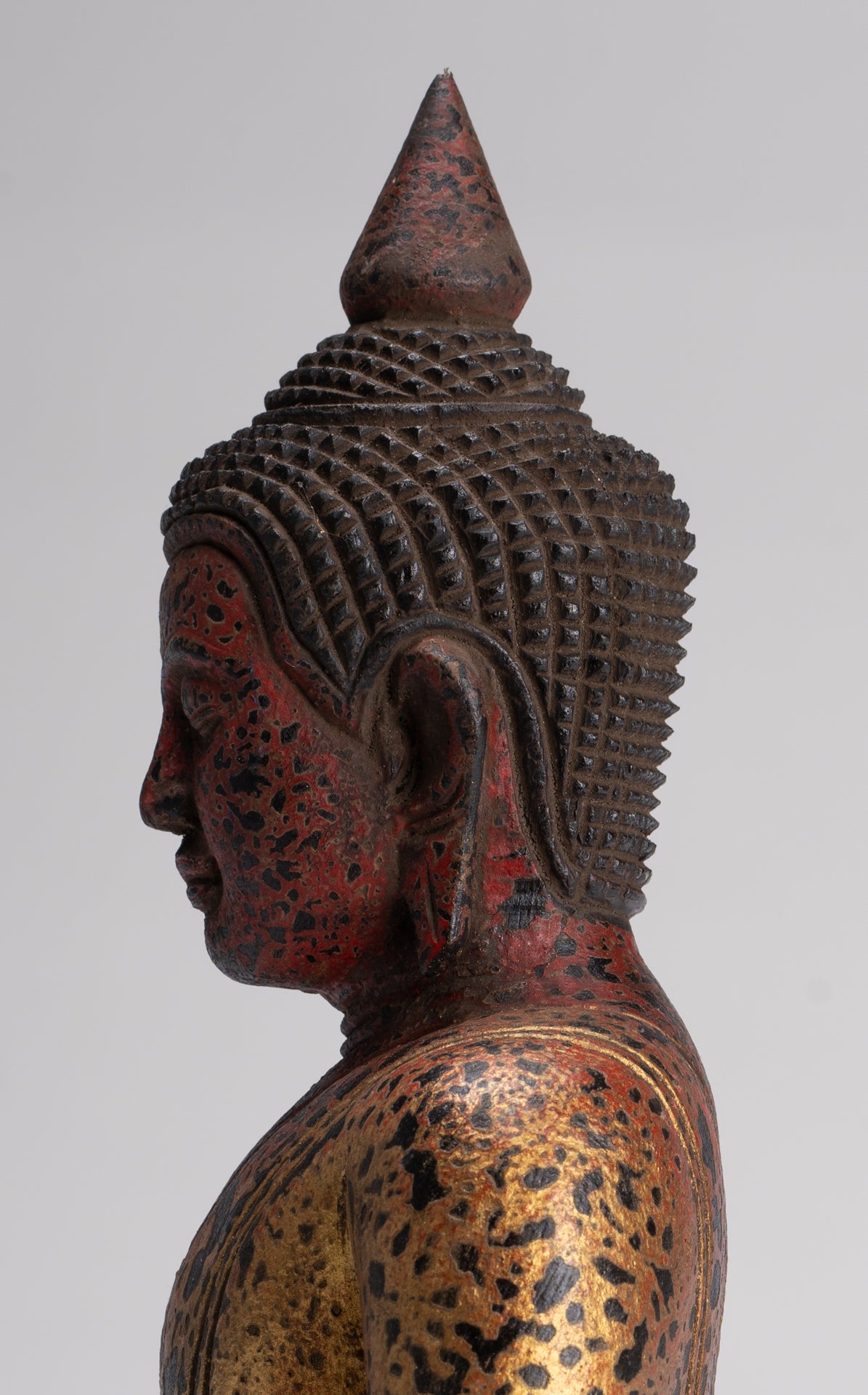 Buddha Sculpture - Antique Khmer Style Wood Seated Buddha Statue Dhyana Meditation Mudra - 27cm/11"