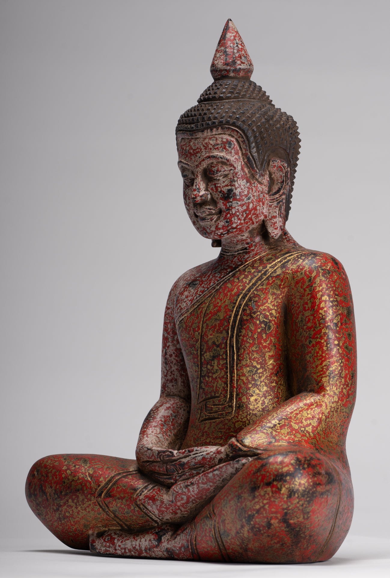 Buddha Sculpture - Antique Khmer Style Wood Seated Buddha Statue Dhyana Meditation Mudra - 33cm/13"