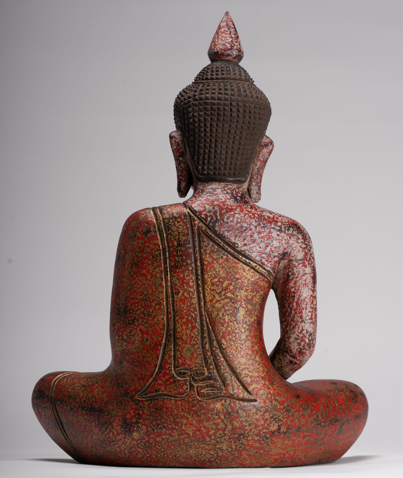 Buddha Sculpture - Antique Khmer Style Wood Seated Buddha Statue Dhyana Meditation Mudra - 33cm/13"