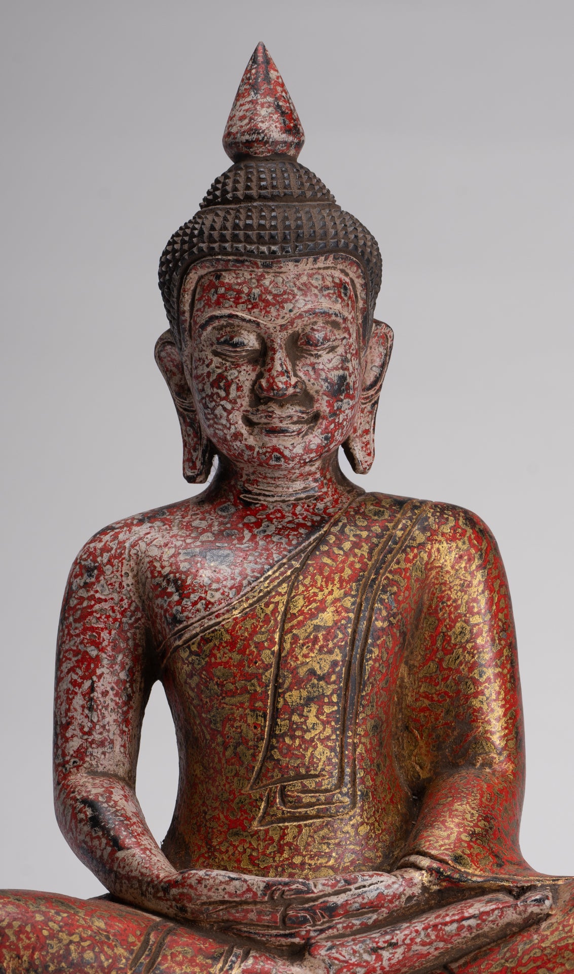 Buddha Sculpture - Antique Khmer Style Wood Seated Buddha Statue Dhyana Meditation Mudra - 33cm/13"