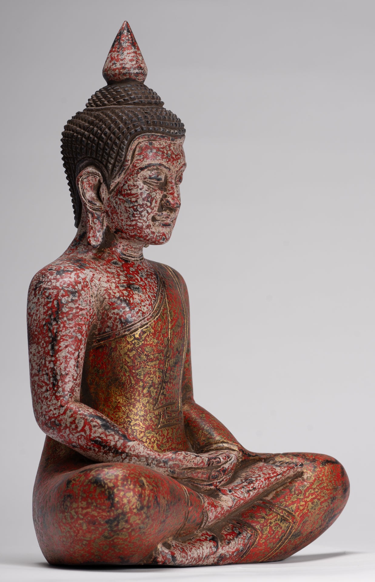 Buddha Sculpture - Antique Khmer Style Wood Seated Buddha Statue Dhyana Meditation Mudra - 33cm/13"