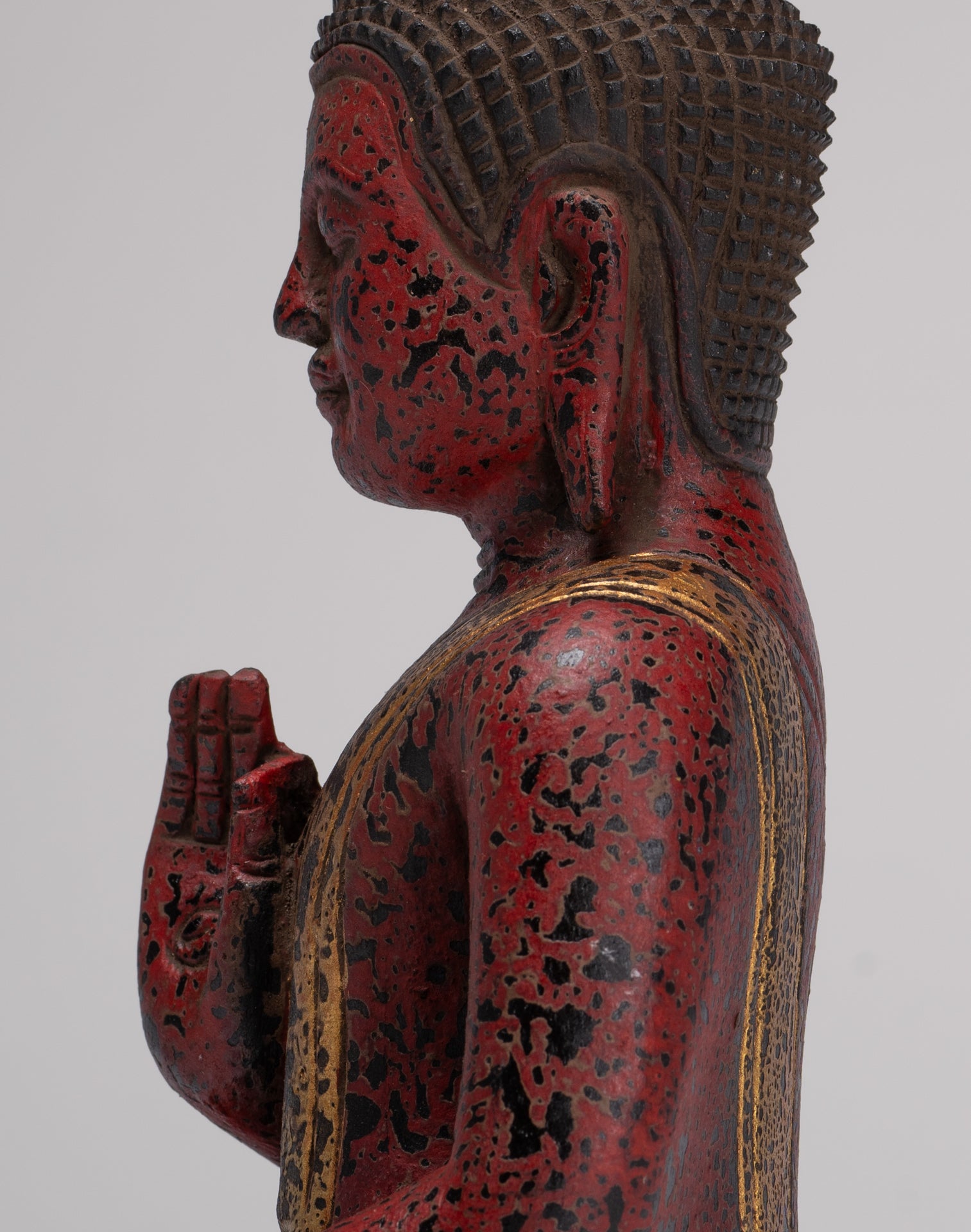 Buddha Statue - Antique Khmer Style Cambodia Seated Wood Buddha Statue Teaching Mudra - 27cm/11"