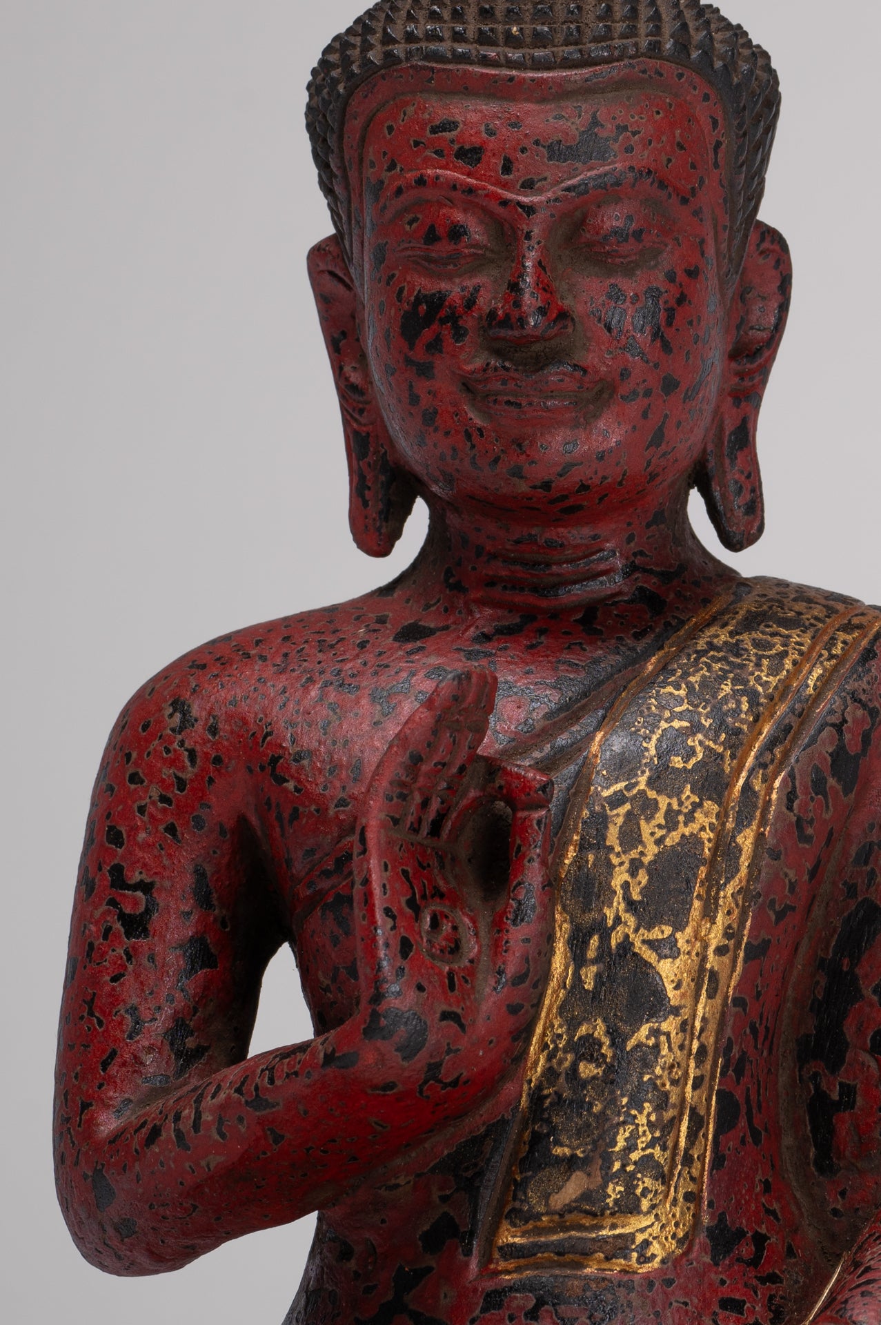 Buddha Statue - Antique Khmer Style Cambodia Seated Wood Buddha Statue Teaching Mudra - 27cm/11"