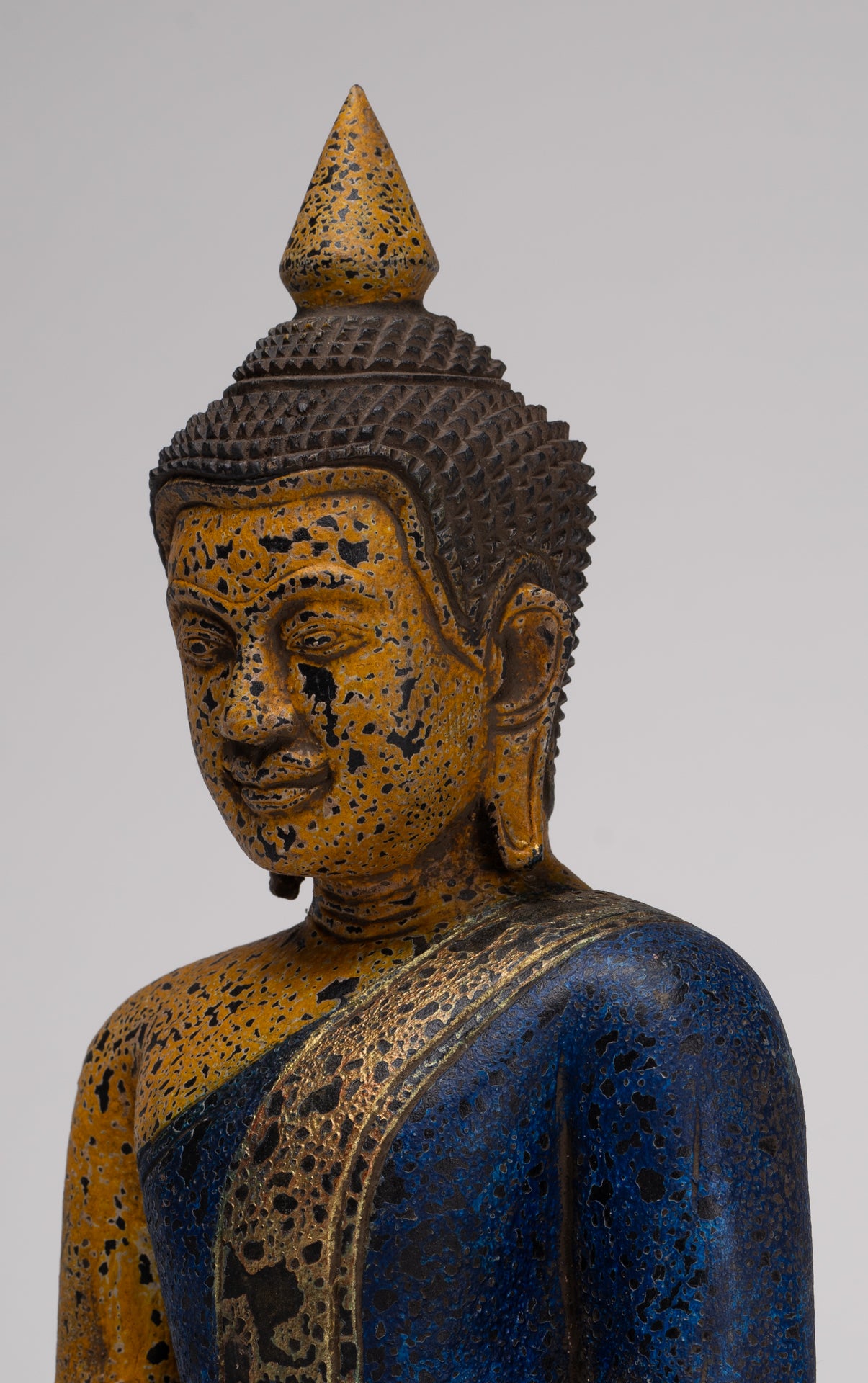 Buddha Statue - Antique Khmer Style SE Asia Seated Wood Enlightenment Buddha Statue - 33cm/13"