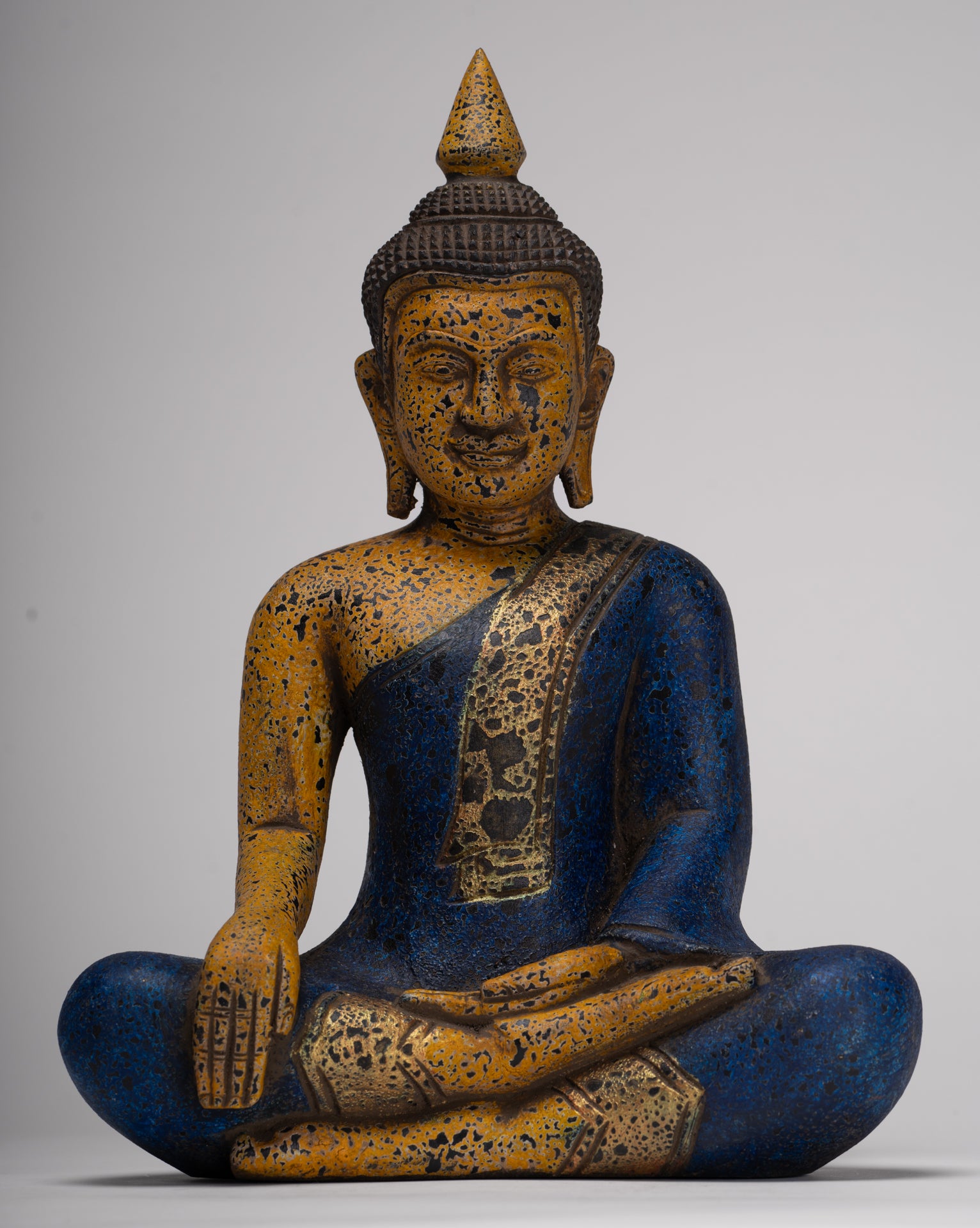 Buddha Statue - Antique Khmer Style SE Asia Seated Wood Enlightenment Buddha Statue - 33cm/13"