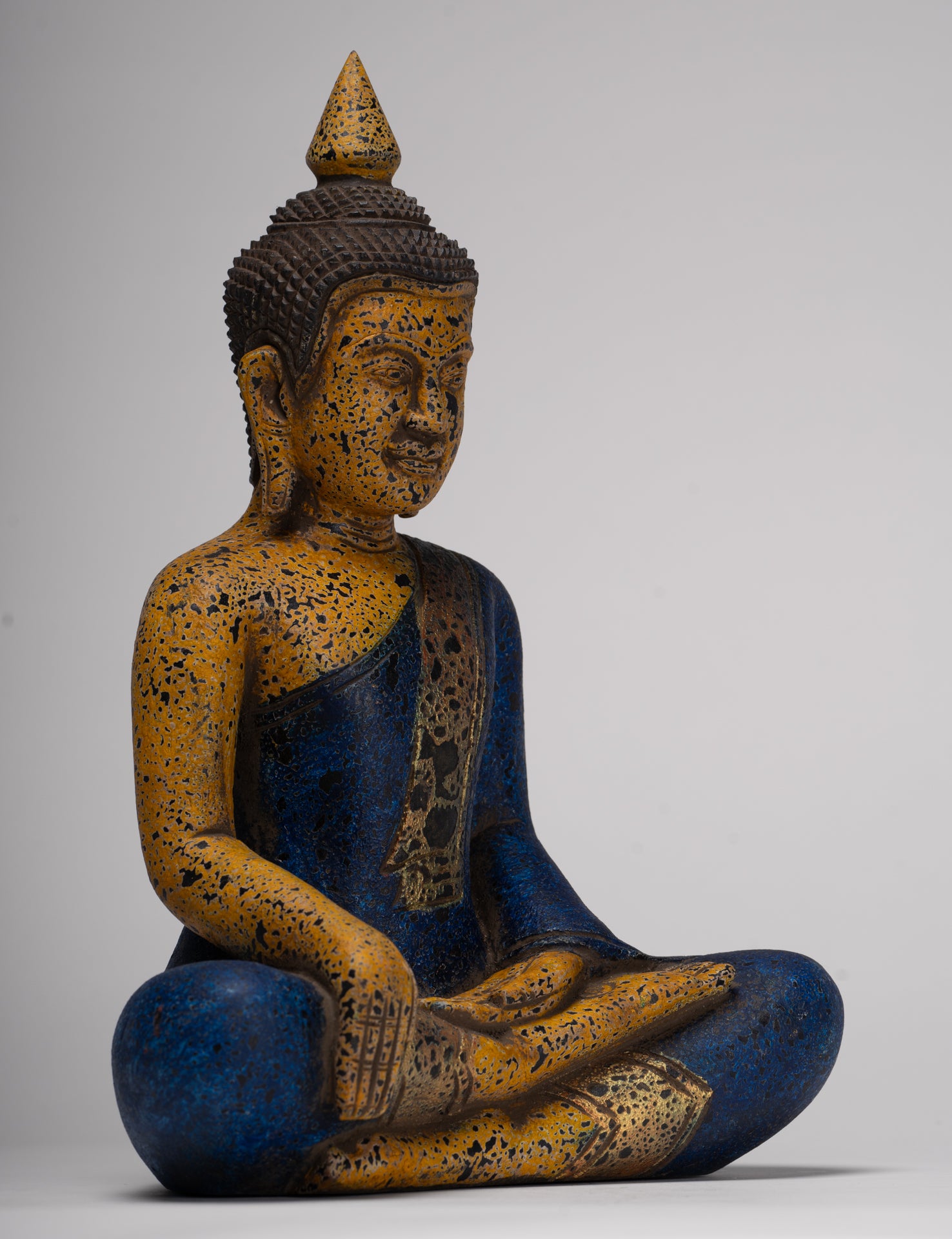 Buddha Statue - Antique Khmer Style SE Asia Seated Wood Enlightenment Buddha Statue - 33cm/13"