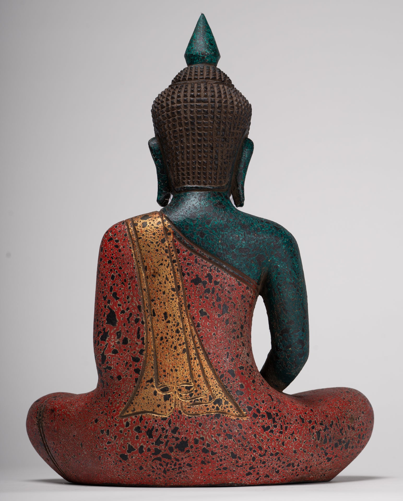 Buddha Sculpture - Antique Khmer Style Wood Seated Buddha Statue Dhyana Meditation Mudra - 33cm/13"