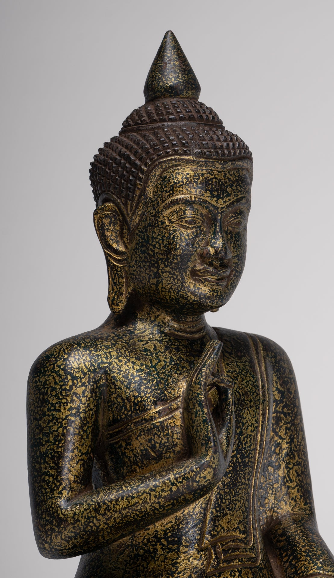 Buddha Statue - Antique Khmer Style Cambodia Seated Wood Buddha Statue Teaching Mudra - 32cm/13"