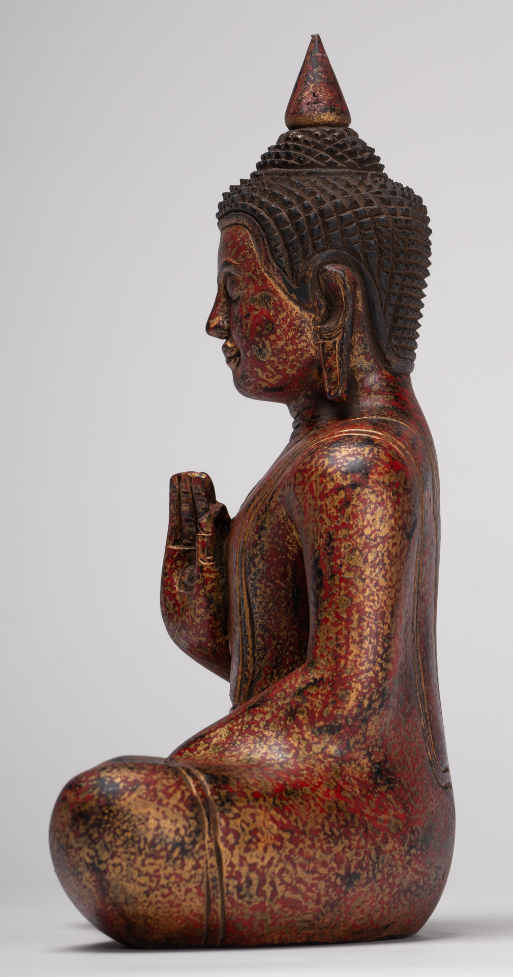 Buddha Statue - Antique Khmer Style Cambodia Seated Wood Buddha Statue Teaching Mudra - 27cm/11"