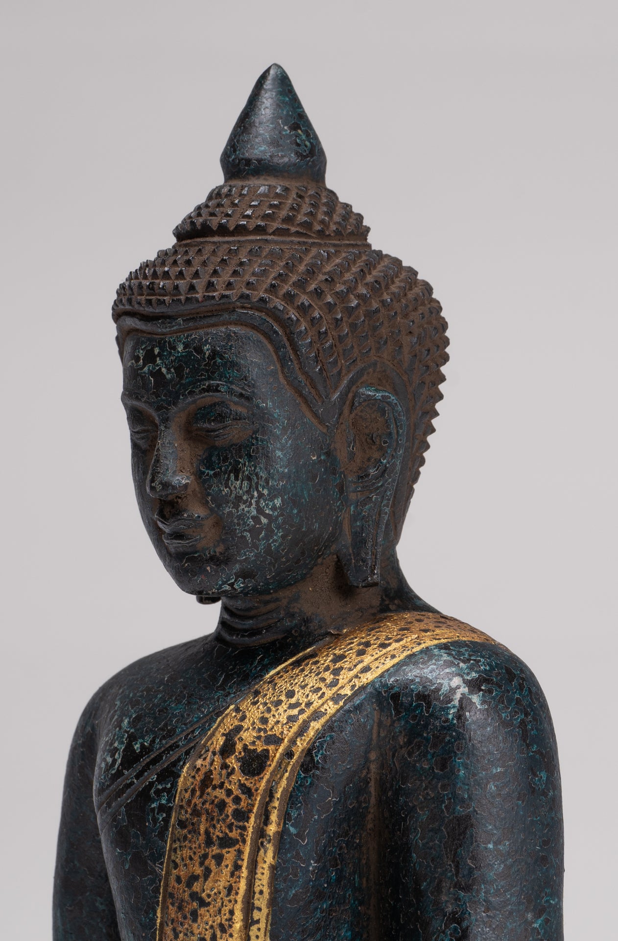 Buddha Sculpture - Antique Khmer Style Wood Seated Buddha Statue Dhyana Meditation Mudra - 27cm/11"