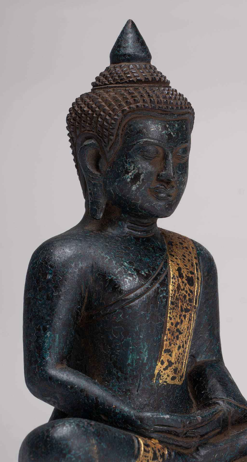 Buddha Sculpture - Antique Khmer Style Wood Seated Buddha Statue Dhyana Meditation Mudra - 27cm/11"