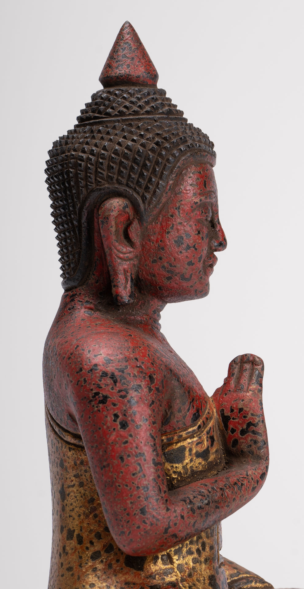 Buddha Statue - Antique Khmer Style Cambodia Seated Wood Buddha Statue Teaching Mudra - 26cm/10"