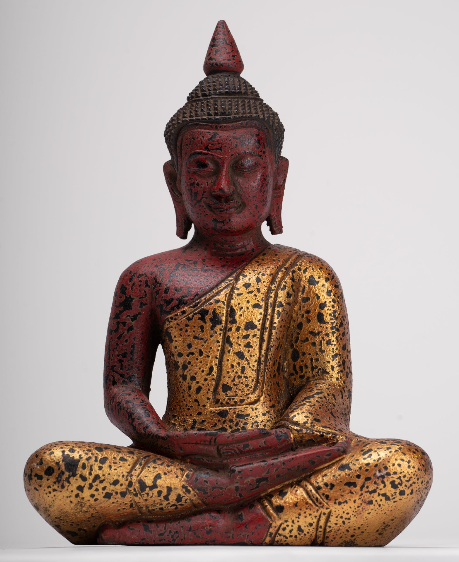 Buddha Sculpture - Antique Khmer Style Wood Seated Buddha Statue Dhyana Meditation Mudra - 27cm/11"
