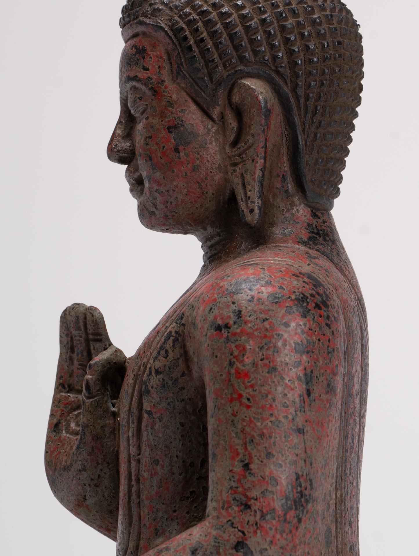 Buddha Statue - Antique Khmer Style Cambodia Seated Wood Buddha Statue Teaching Mudra - 27cm/11"