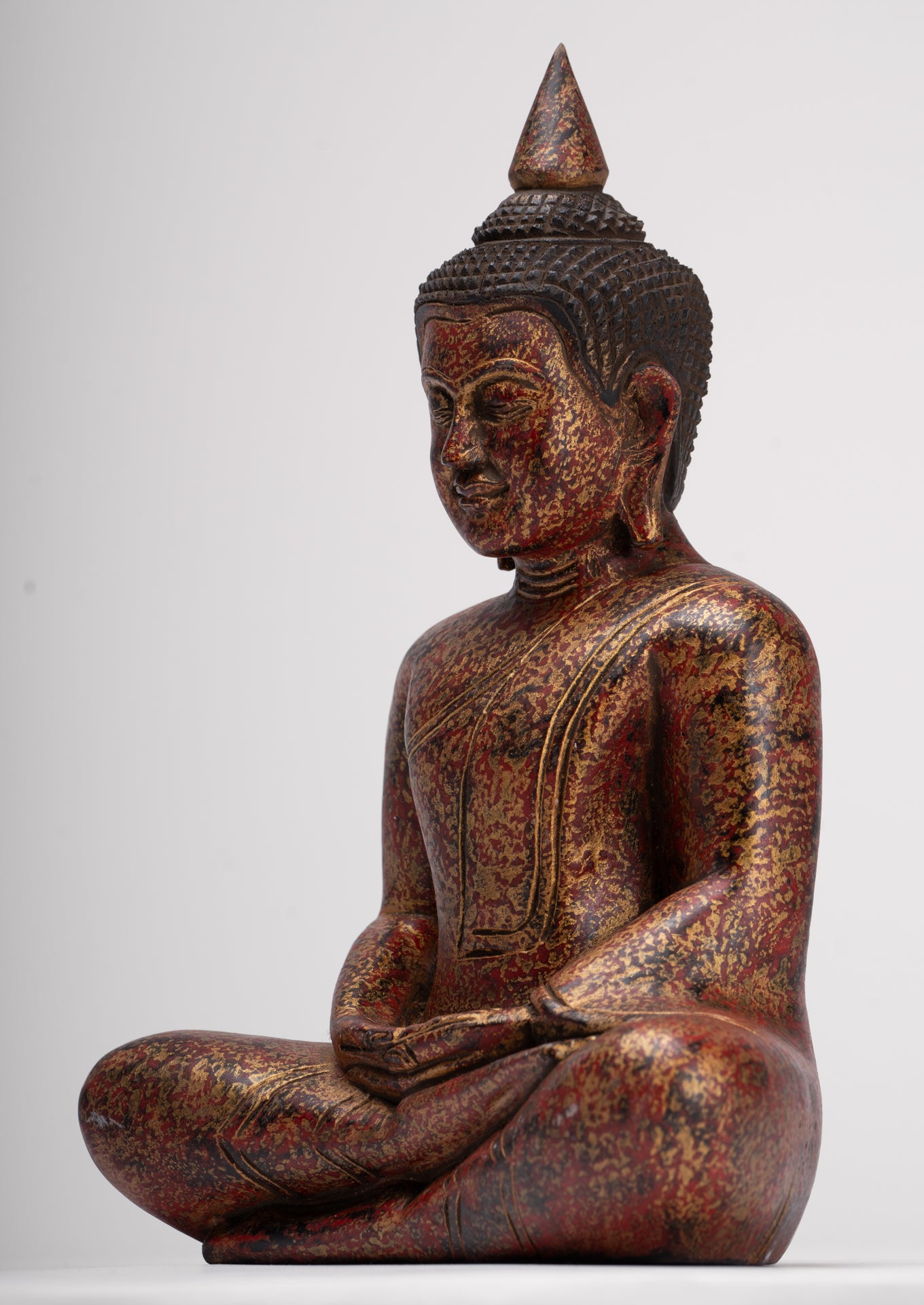 Buddha Sculpture - Antique Khmer Style Wood Seated Buddha Statue Dhyana Meditation Mudra - 28cm/11"