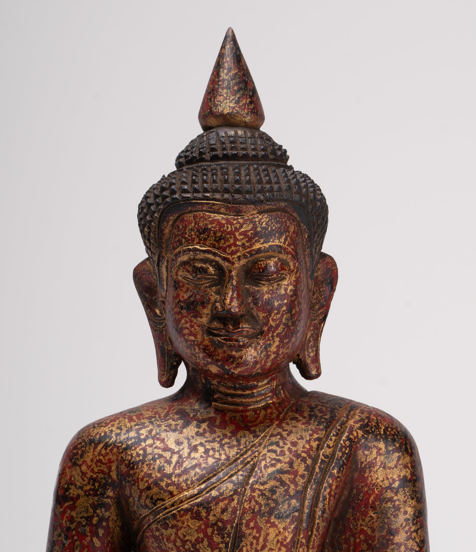 Buddha Sculpture - Antique Khmer Style Wood Seated Buddha Statue Dhyana Meditation Mudra - 28cm/11"