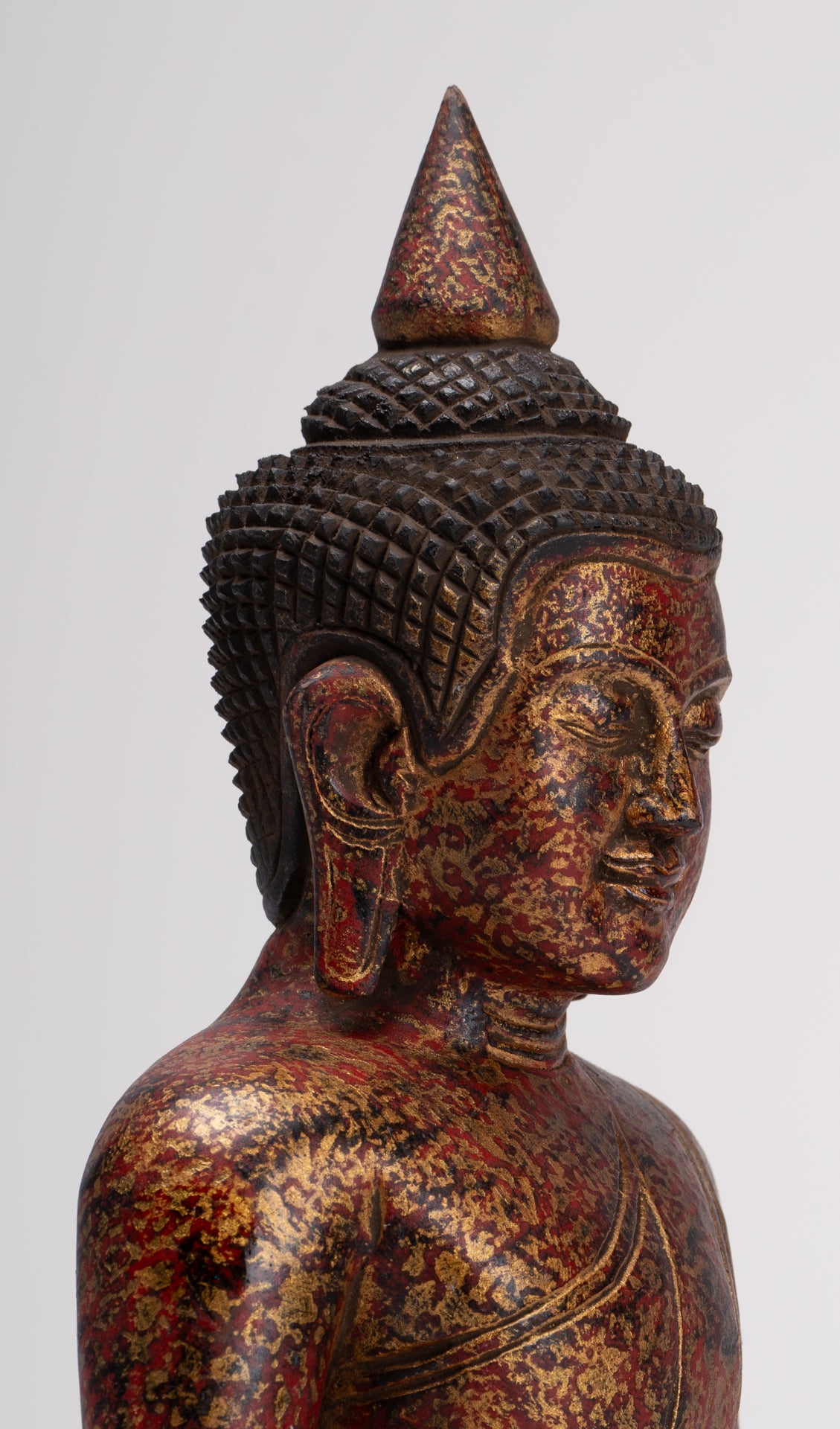Buddha Sculpture - Antique Khmer Style Wood Seated Buddha Statue Dhyana Meditation Mudra - 28cm/11"