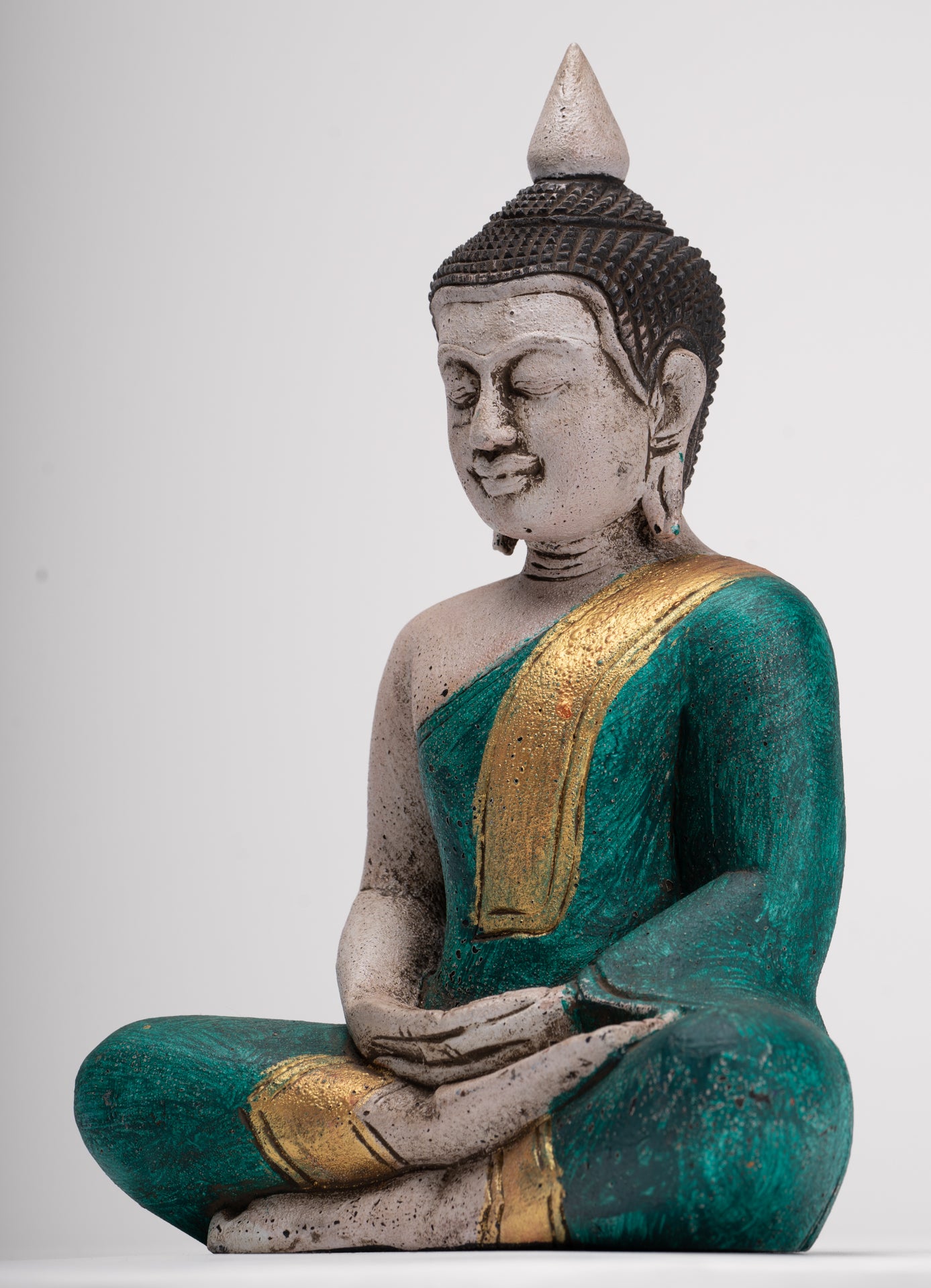 Buddha Sculpture - Antique Khmer Style Wood Seated Buddha Statue Dhyana Meditation Mudra - 28cm/11"