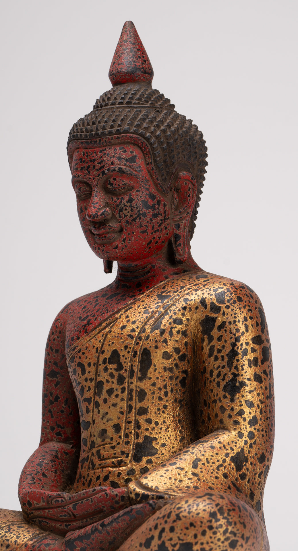 Buddha Sculpture - Antique Khmer Style Wood Seated Buddha Statue Dhyana Meditation Mudra - 33cm/13"