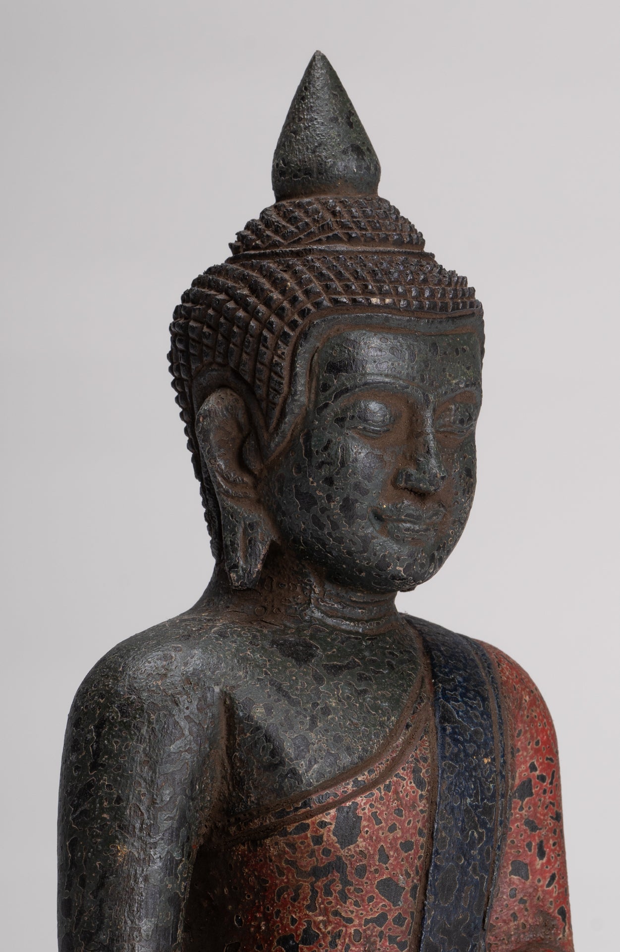 Buddha Sculpture - Antique Khmer Style Wood Seated Buddha Statue Dhyana Meditation Mudra - 27cm/11"